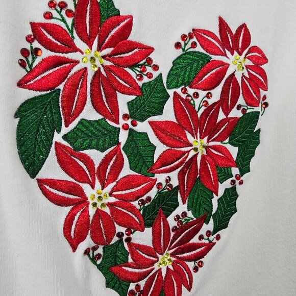 🏆Quacker Factory Embroidered Holiday Poinsettia 3/4 Sleeve Cream Top - Picture 4 of 7
